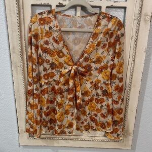 BOHO Floral Sheer Tie-Front Blouse